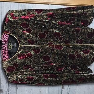 Vintage Velvet Floral Scallop Trimmed Button Down Blouse Top Size 14